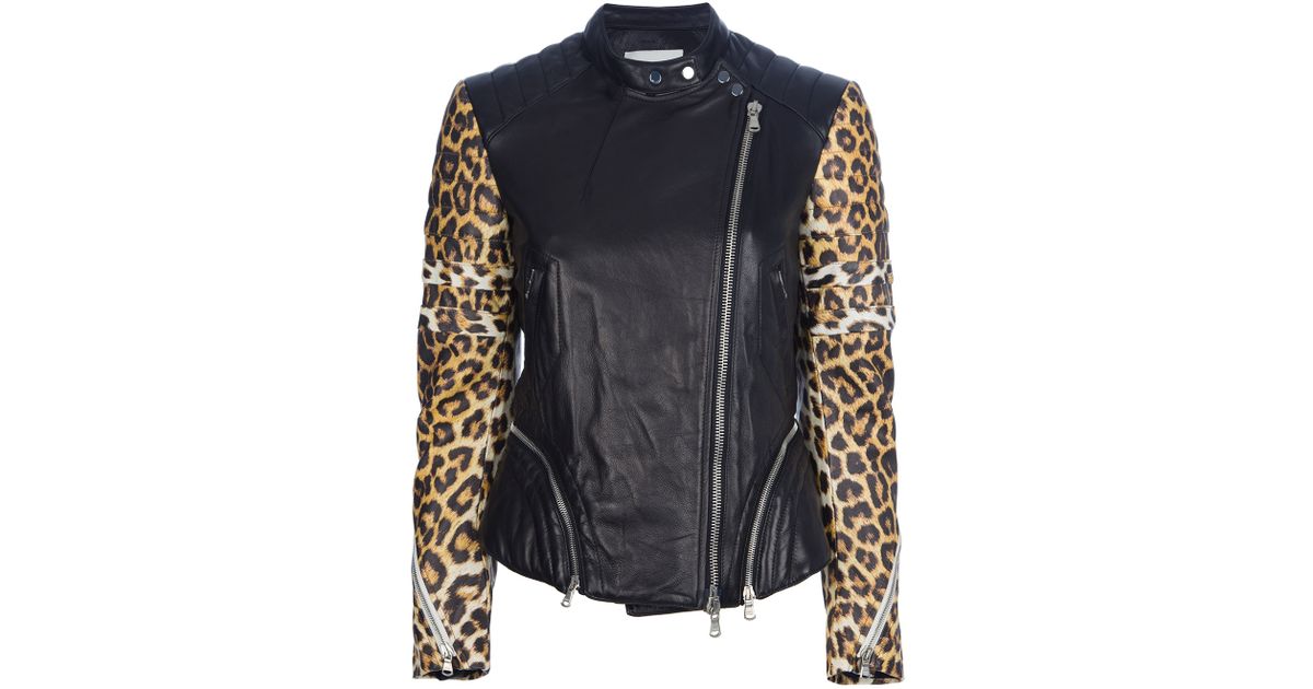 3 1 Phillip Lim Black Leopard Print Sleeve Biker Jacket