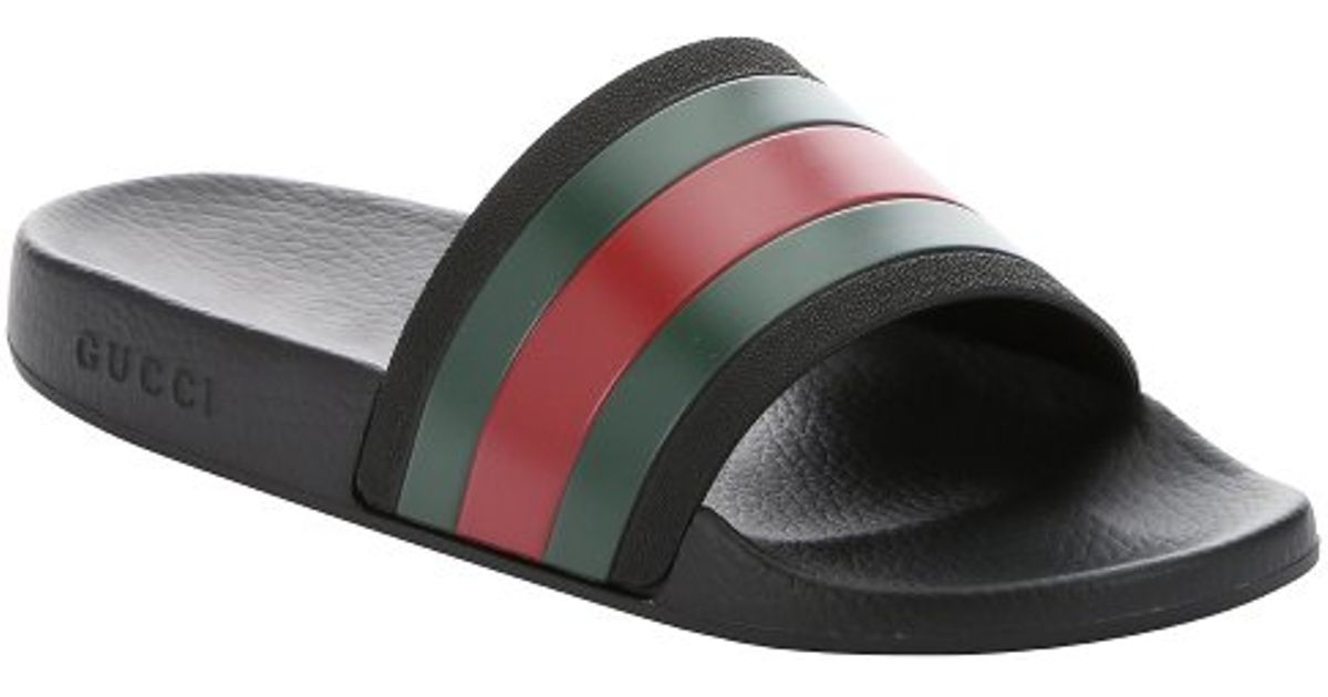 Lyst - Gucci Black And Green Web Striped Rubber Slide Sandals in Black ...