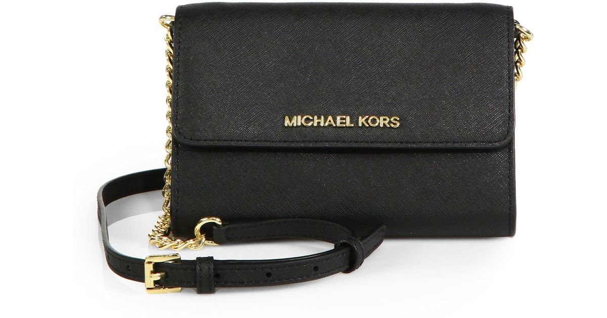 Michael michael kors Large Saffiano-leather Phone Crossbody Bag in Black | Lyst