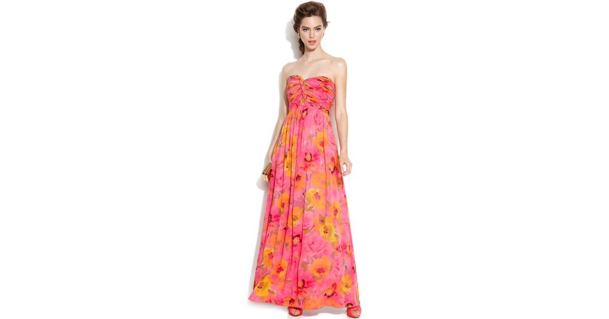 Lyst - Calvin Klein Strapless Floralprint Empirewaist Gown