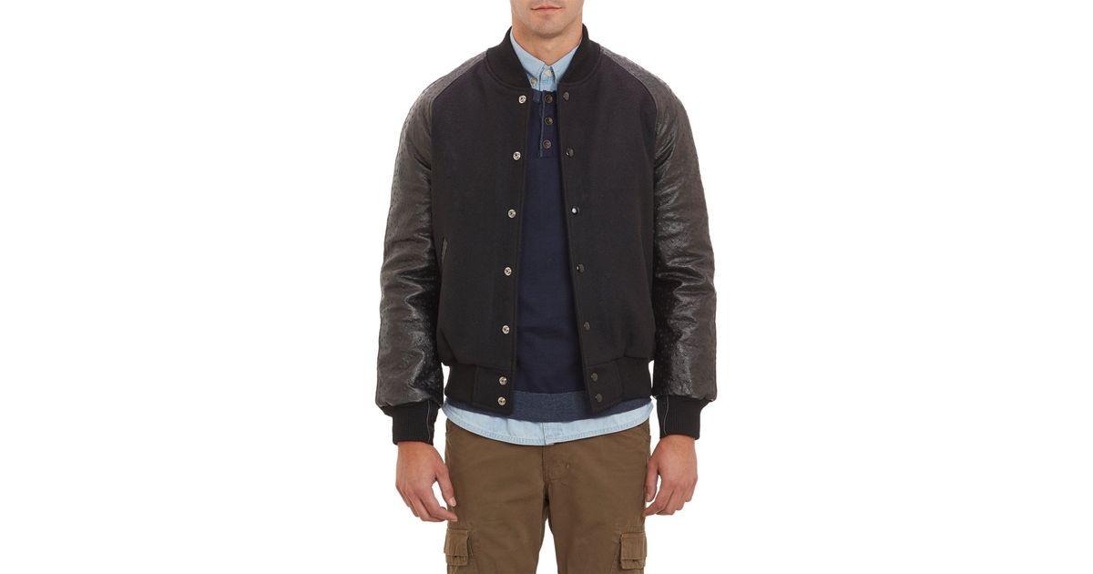 Golden Bear Black Ostrich Effect Leather Sleeve Varsity Jacket For Men