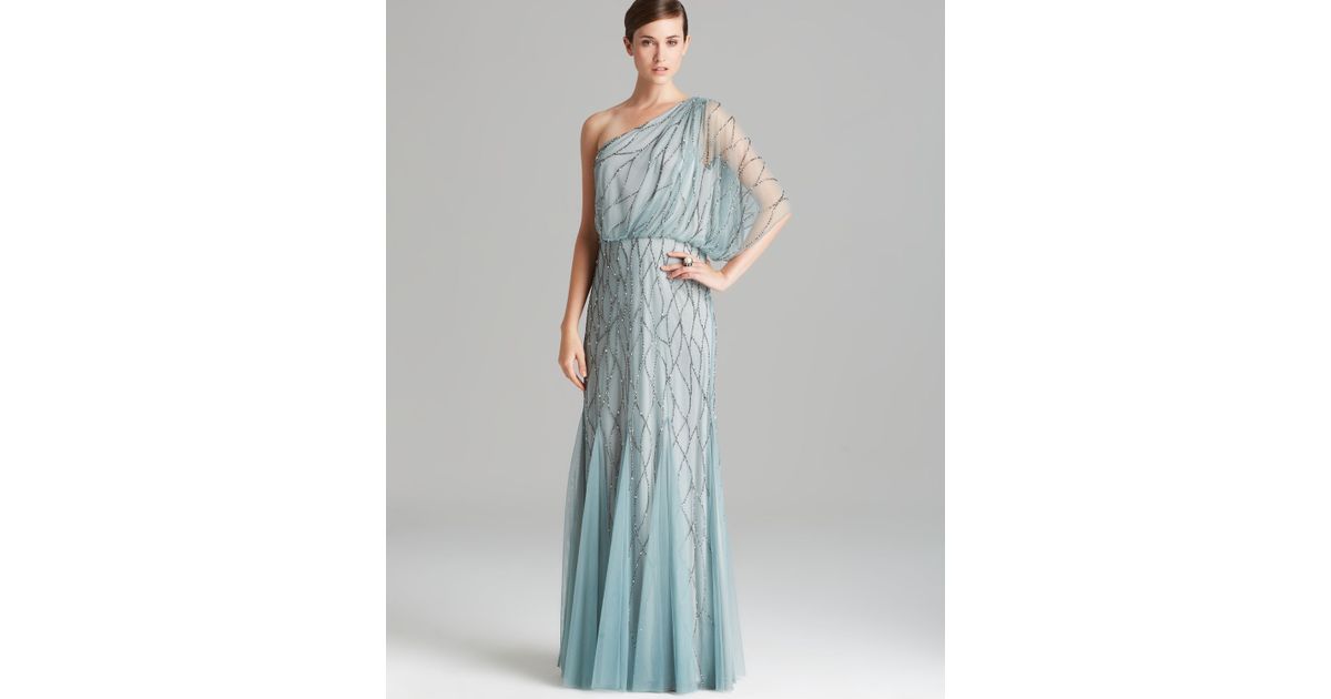 Adrianna Papell Gown One Shoulder Blouson with Beaded Mesh in 