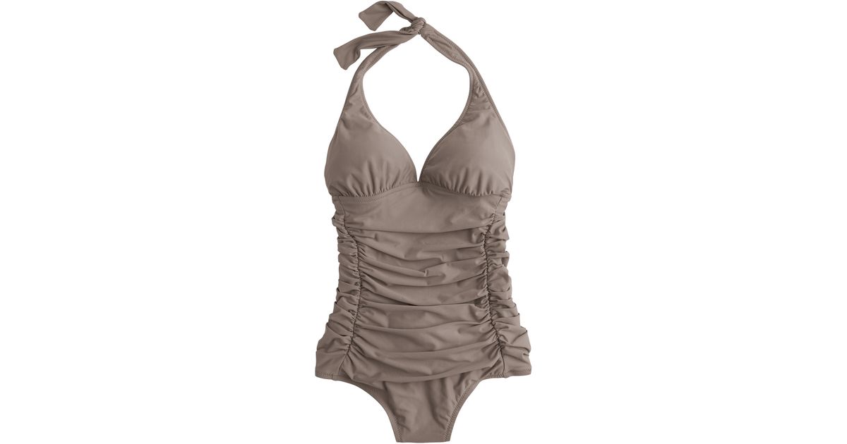 J Crew Ruched Halter One Piece Swimsuit In Brown Lyst J Crew Ruched Halter One Piece Swimsuit In Brown Lyst