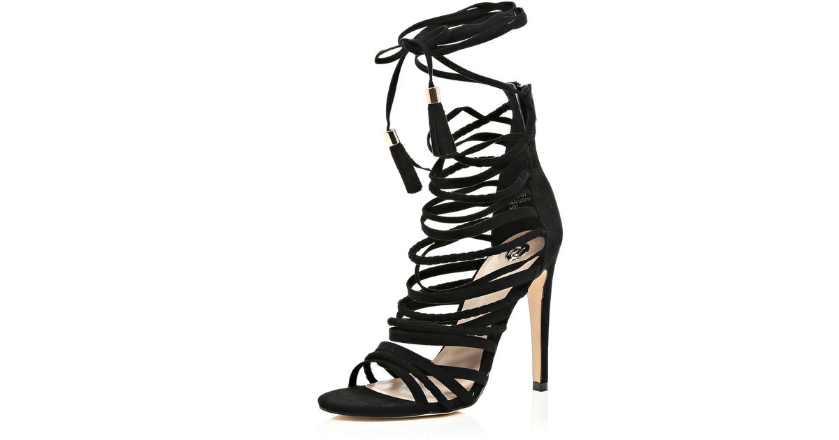 River Island Suede Black Strappy Tassel Heeled Sandals - Lyst