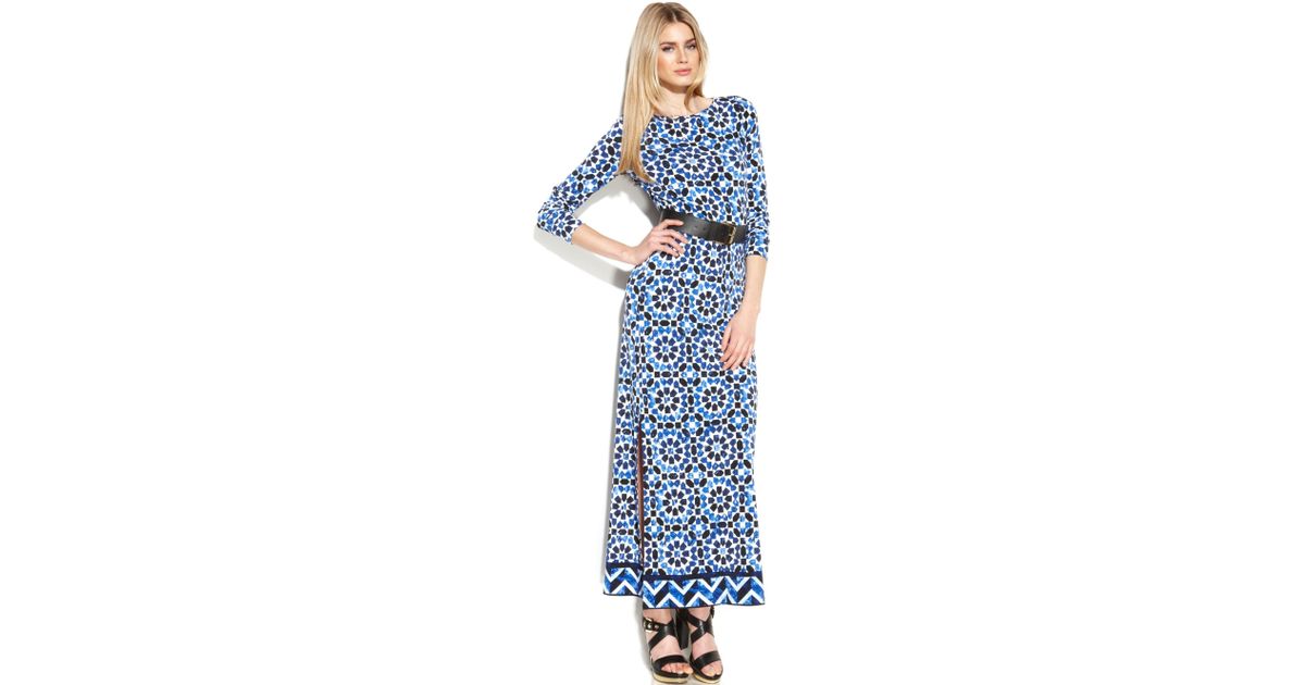 Michael Kors Michael Long-sleeve Geo-print Maxi Dress in Blue | Lyst