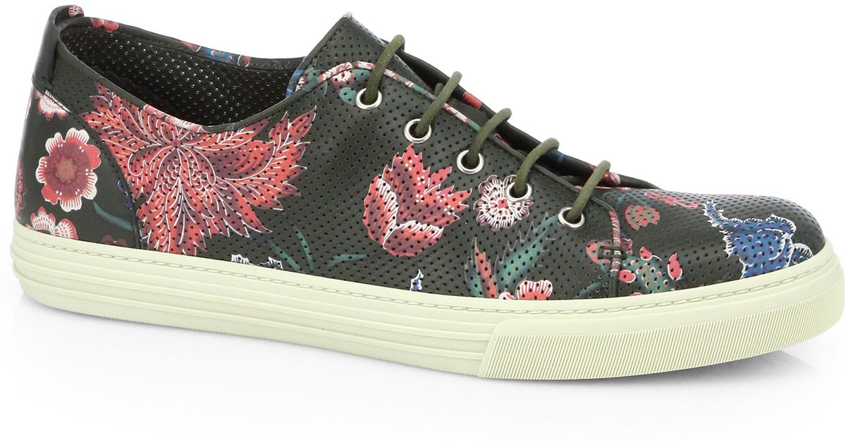 Gucci Flower Print Leather Lowtop Sneakers in Green Lyst