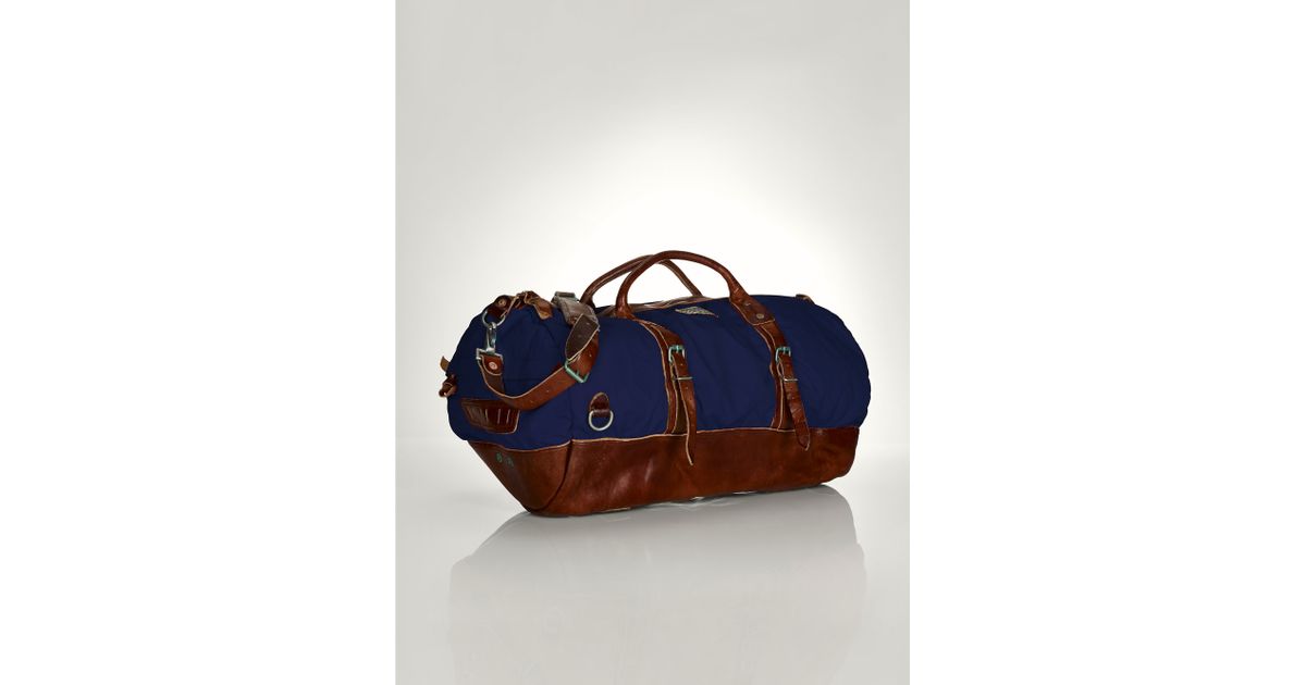 Polo Ralph Lauren Men/'s Large Nylon//Brown Leather Trim Duffel Bag NAVY-BROWN