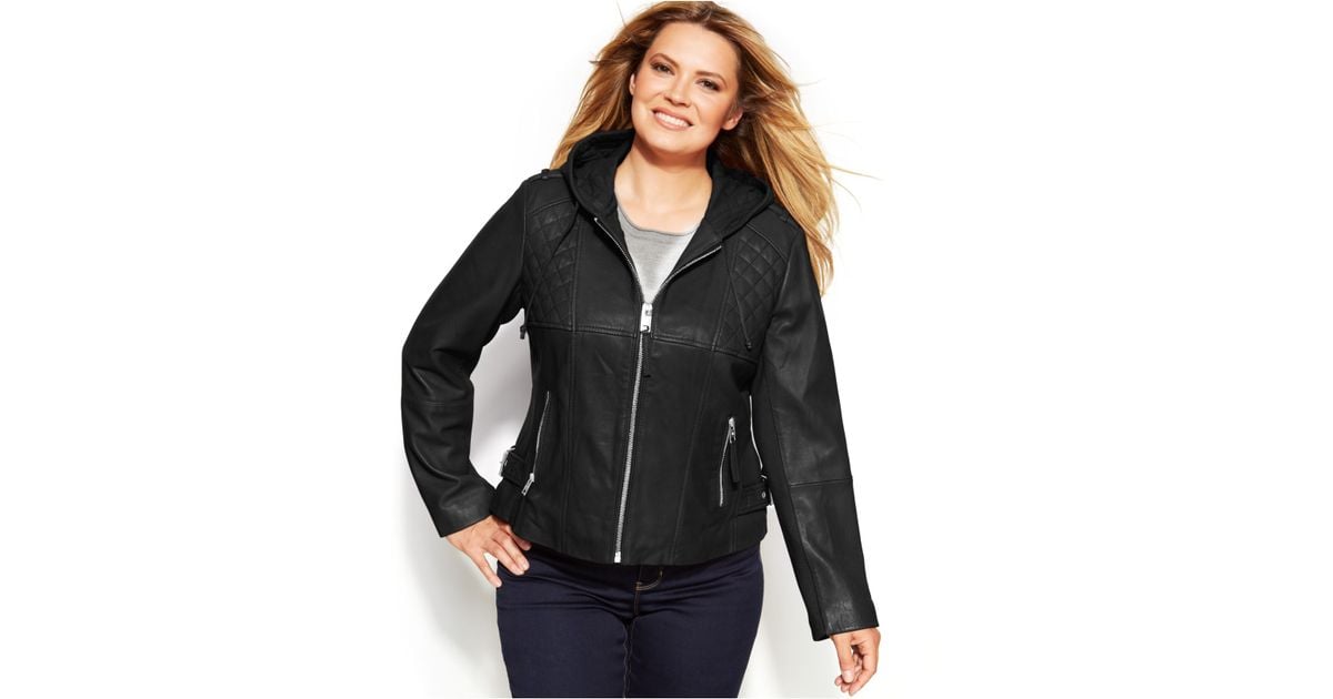 Michael Kors Black Plus Size Knit Inset Hooded Leather Jacket