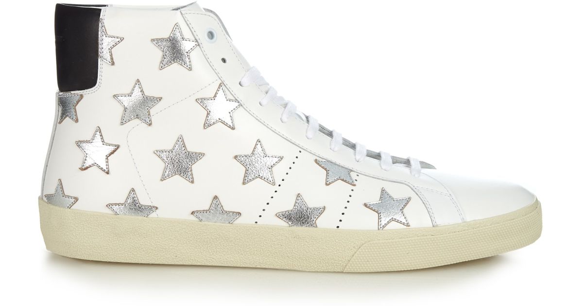 Saint Laurent Star-embellished High-top Leather Trainers in White for Men |  Lyst