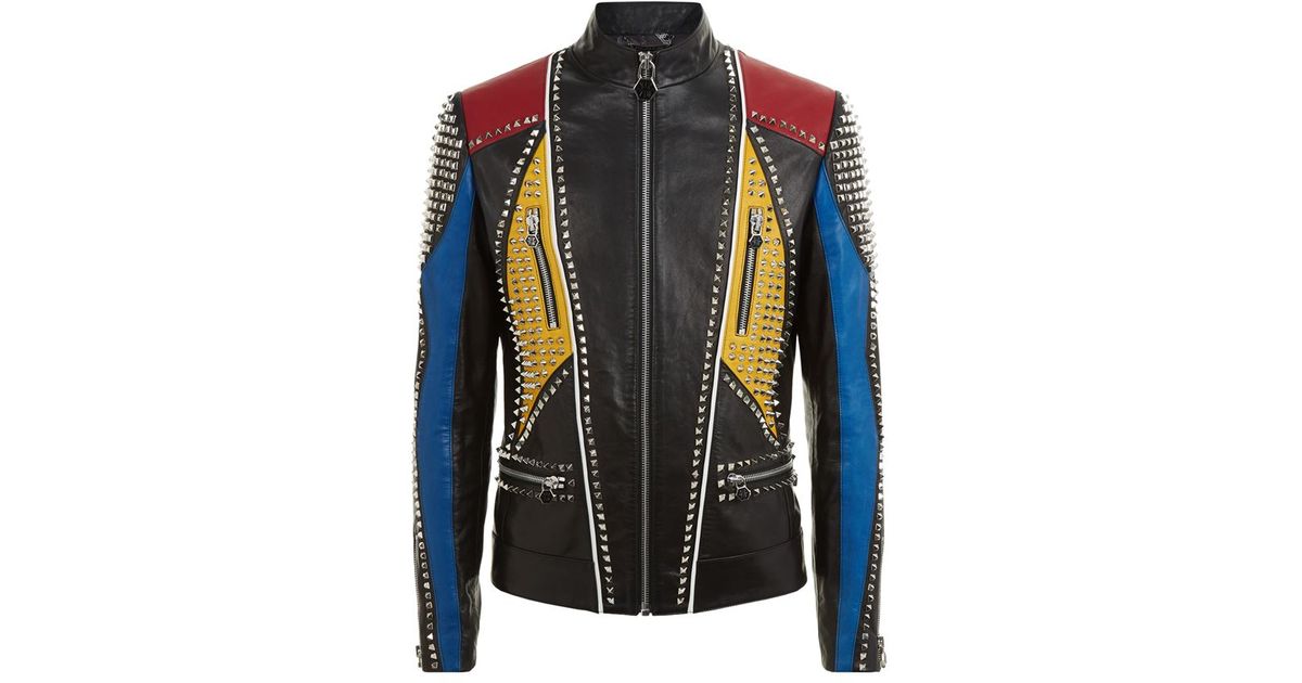 Philipp Plein Yellow Funky Town Studded Leather Jacket For Men
