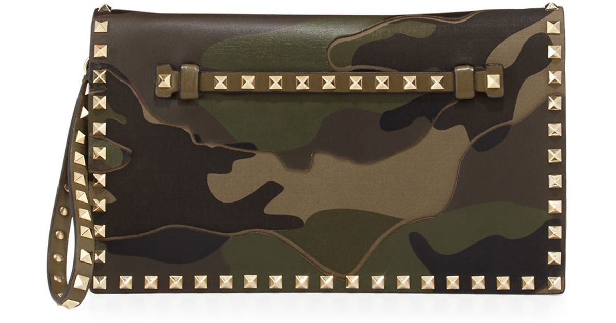 Valentino Green Rockstud Camouflage Wristlet Clutch Bag