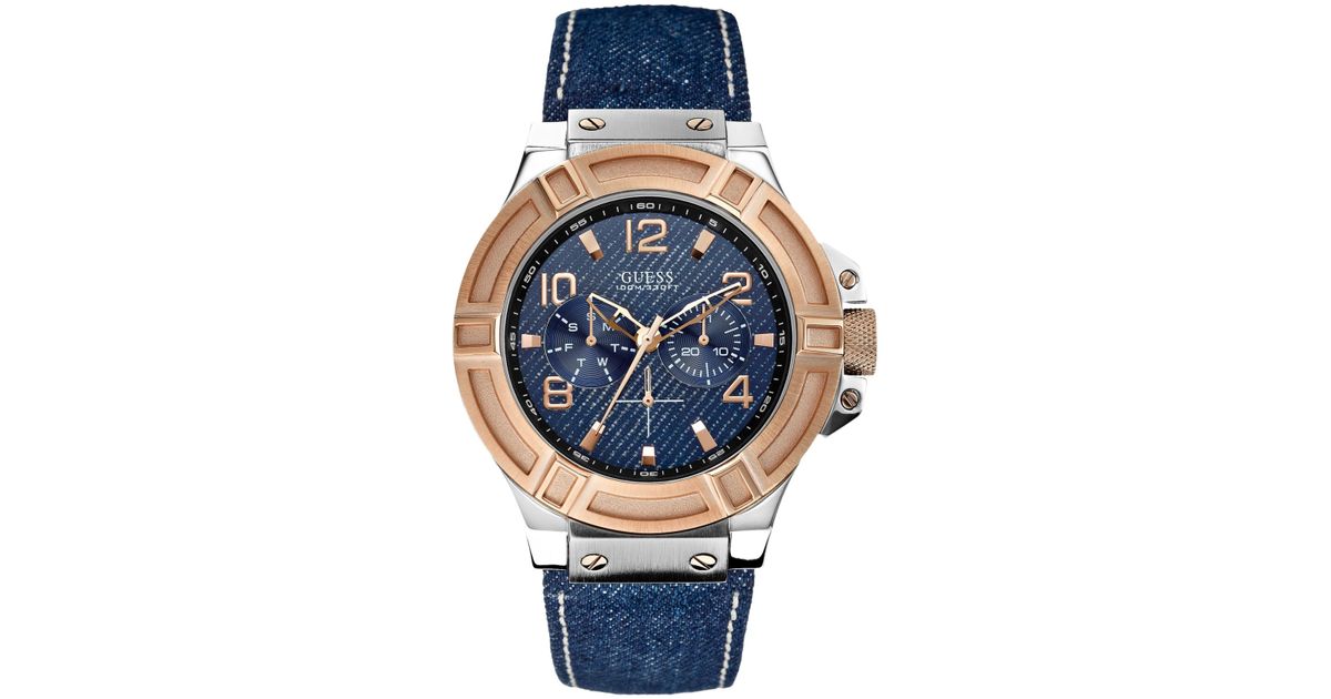 Guess Men'S Blue Denim Leather Strap Watch 46Mm U0040G6 for Men | Lyst