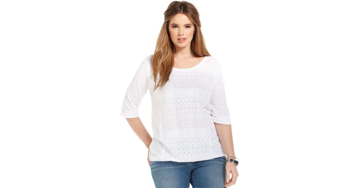 Lucky Brand Plus Size Threequartersleeve Eyelet Top in White Lyst