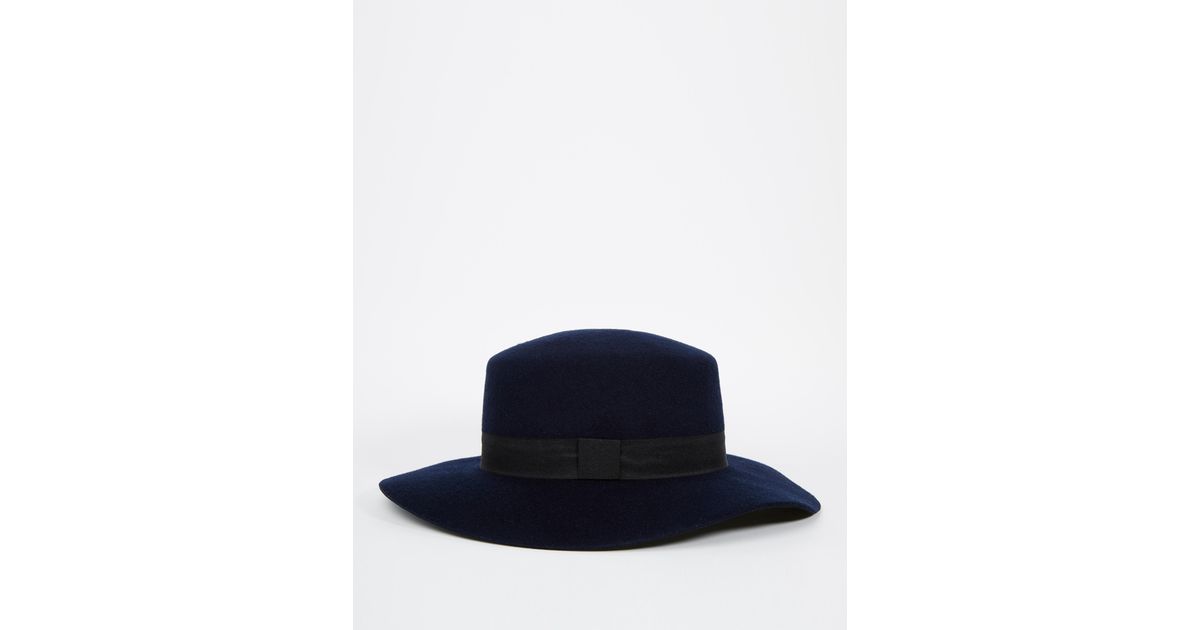 Asos Flat Top Hat In Navy Felt With Wide Brim in Blue for Men (Navy