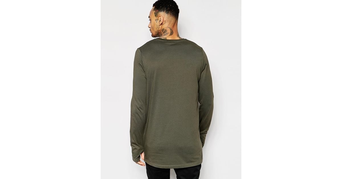 ASOS Longline Long Sleeve Tshirts With Thumbholes In Khaki in Green