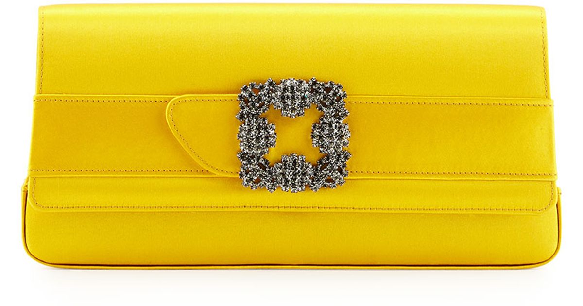 Manolo Blahnik Yellow Gothisi Crystal Buckle Satin Clutch Bag