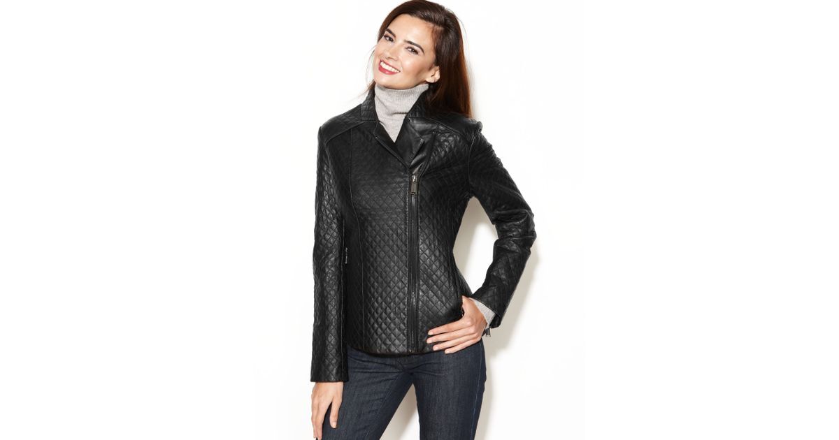 Anne Klein Black Asymmetrical Quilted Leather Jacket
