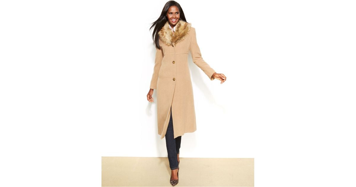 New York Faux-Fur-Collar Wool-Cashmere-Blend Coat in Natural | Lyst