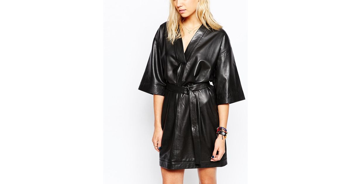 Just Female Tick Leather Kimono Dress In Black | Lyst