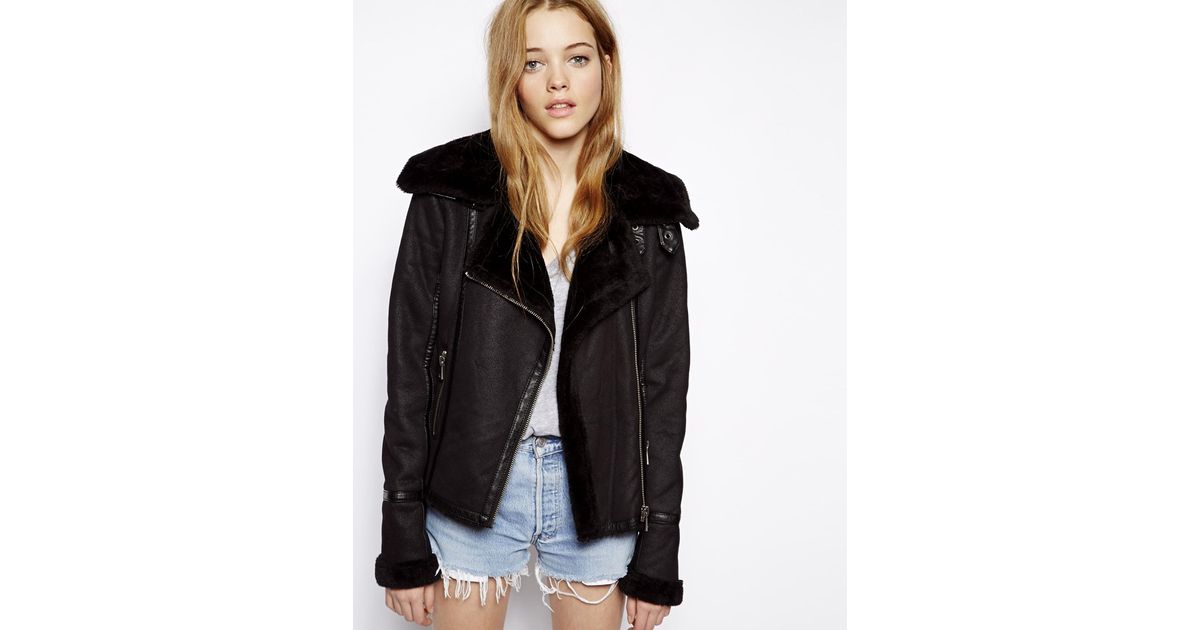 Barneys Originals Black Biker Jacket In Faux Shearling