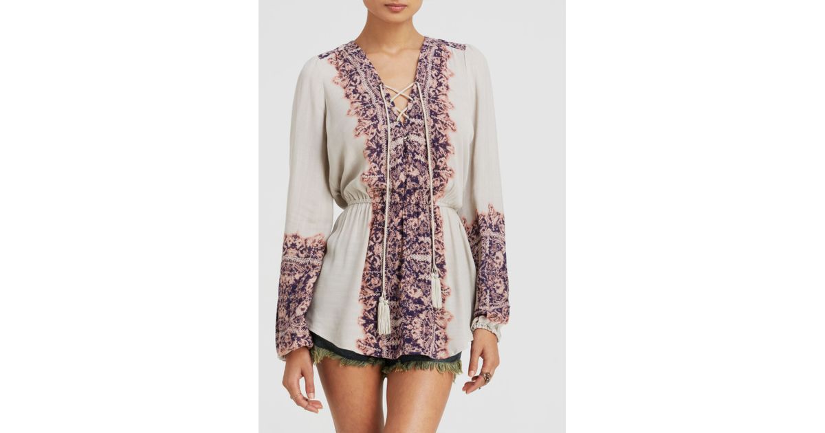 Free People Wildest Moments Black Green White Lace Up Boho Hippie Blouse Tunic