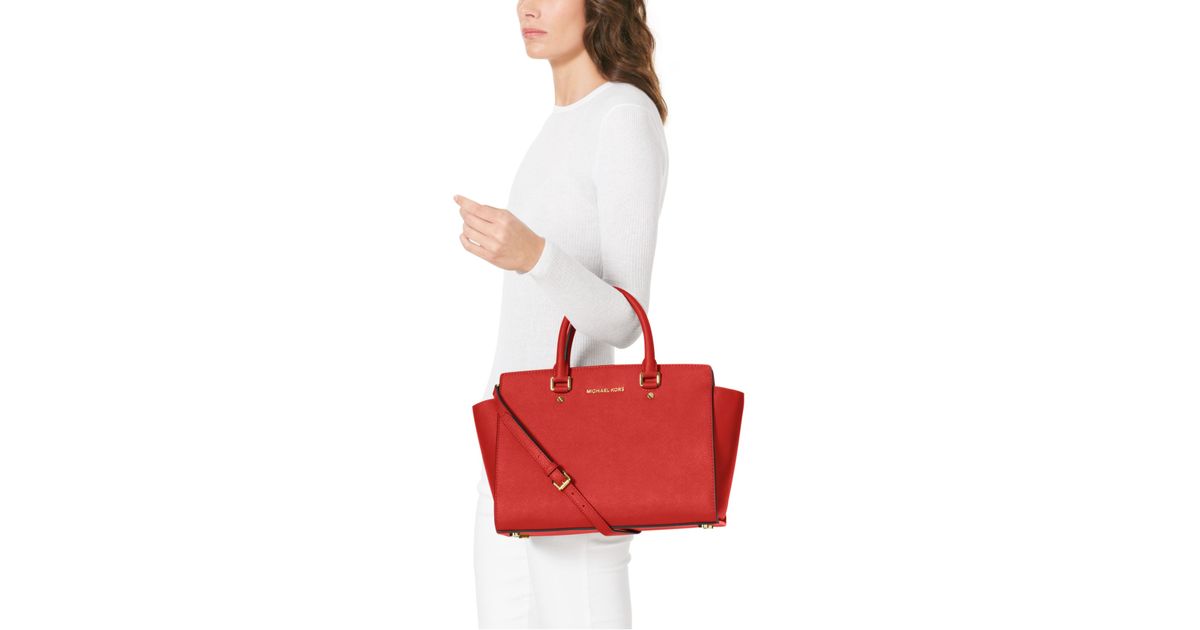 Michael Kors Selma Large Saffiano Leather Satchel in Red | Lyst