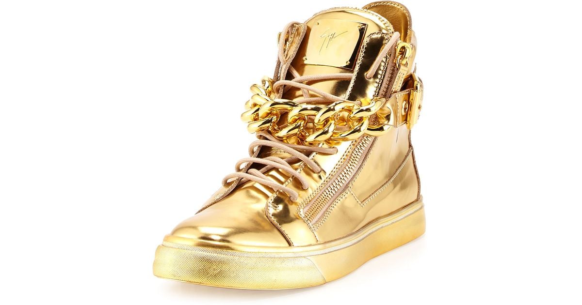 Giuseppe zanotti Chain Trim Hi-top Sneakers in Gold for Men | Lyst
