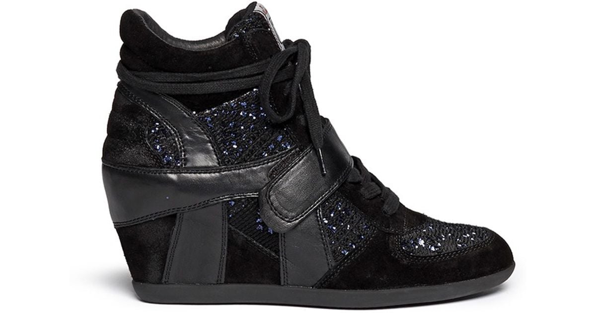 black sequin wedge sneakers