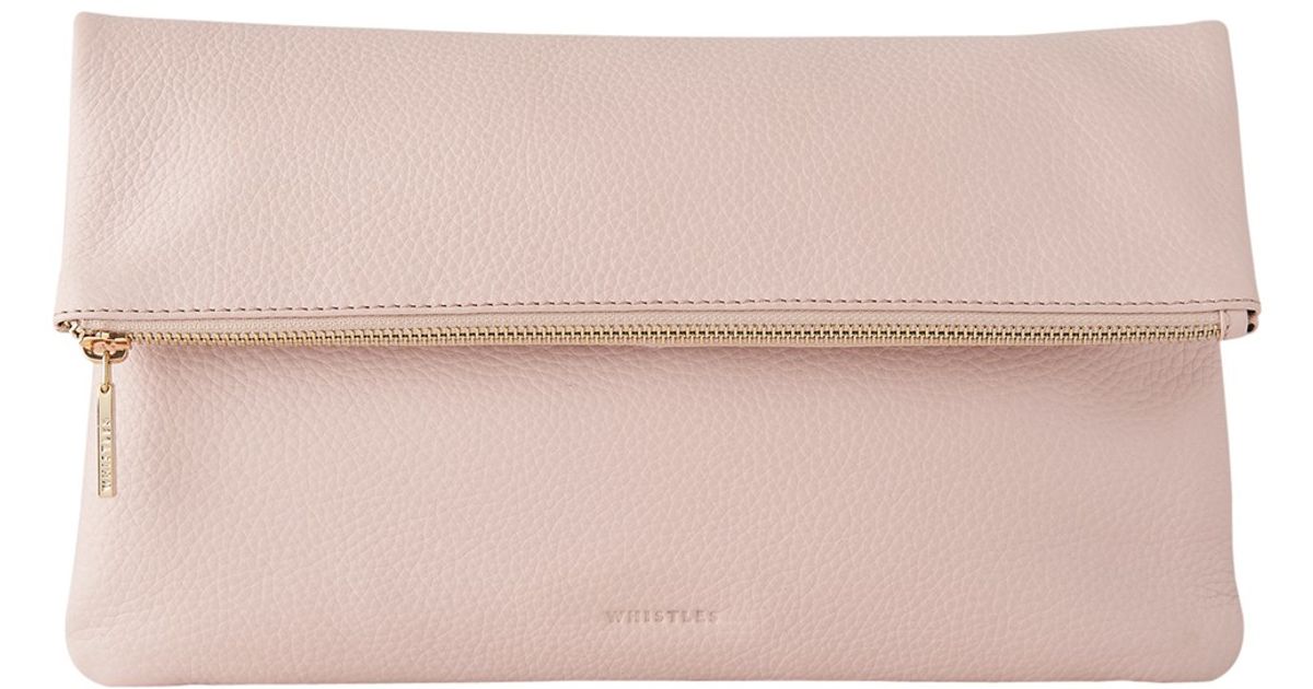Whistles Leather Foldover Zip Clutch Bag in Pale (Pink) - Lyst