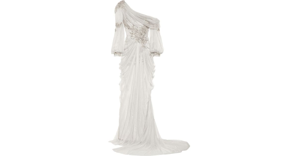 marchesa off shoulder fully embellished tulle gown