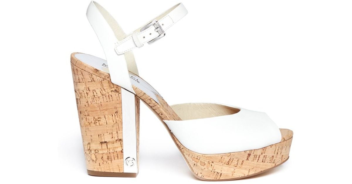 Michael Kors London Cork Heel Leather Platform Sandals in White | Lyst