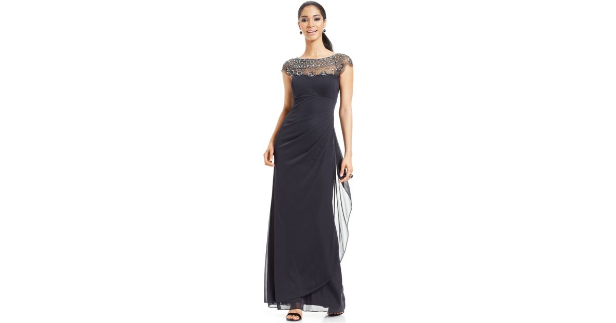 xscape beaded cap sleeve illusion neck ruched gown