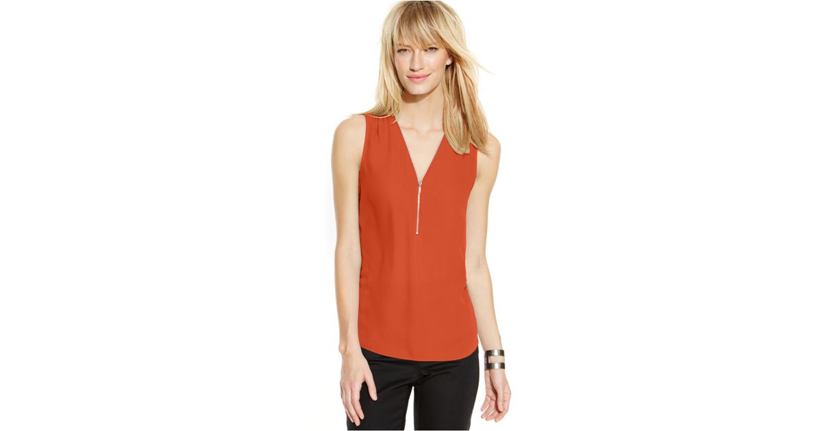 INC International Concepts Sleeveless Zippered Knitback Top in Orange