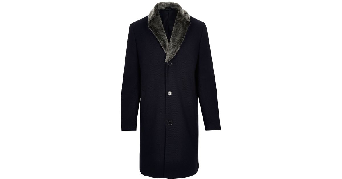 River Island Navy Woolblend Faux Fur Collar Coat in Blue for Men Lyst