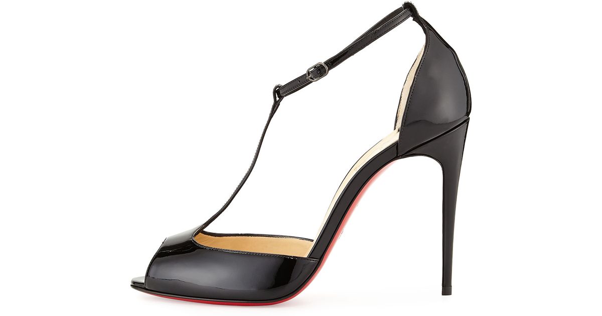 Christian louboutin Senora Patent T-strap Red Sole Sandal in Black ...