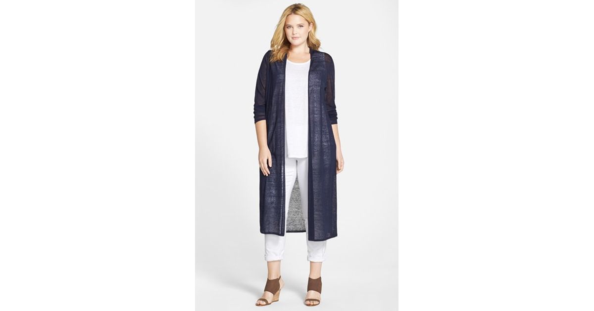 Eileen Fisher Blue Full Length Sheer Hemp Blend Cardigan