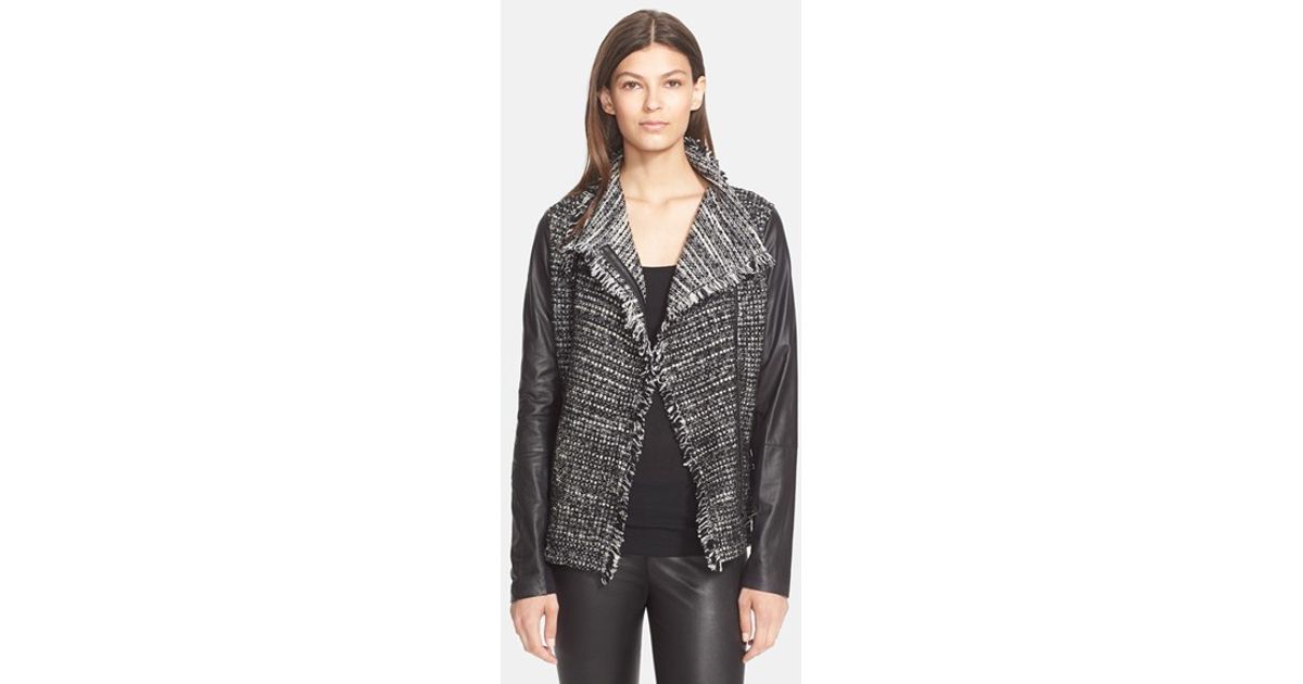 Vince Leather Sleeve Drape Front Jacket In Black White Combo