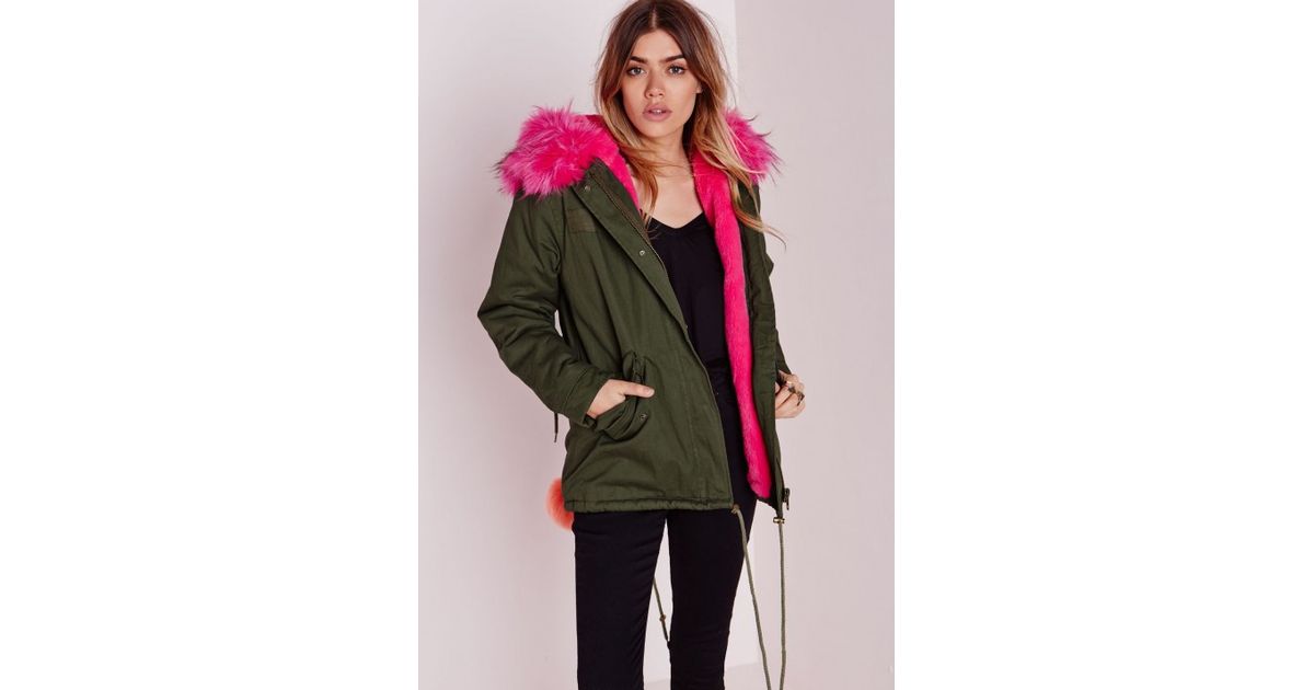 khaki green coat with pink fur hood