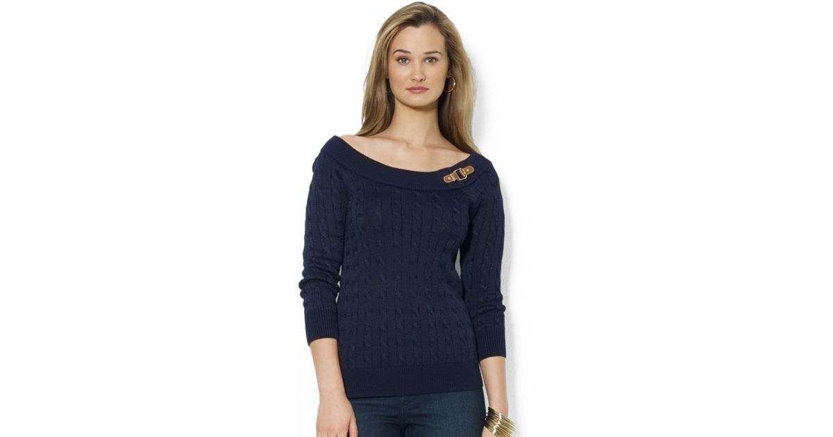 Lauren by Ralph Lauren Petite Cableknit Buckle Boatneck Sweater in Blue
