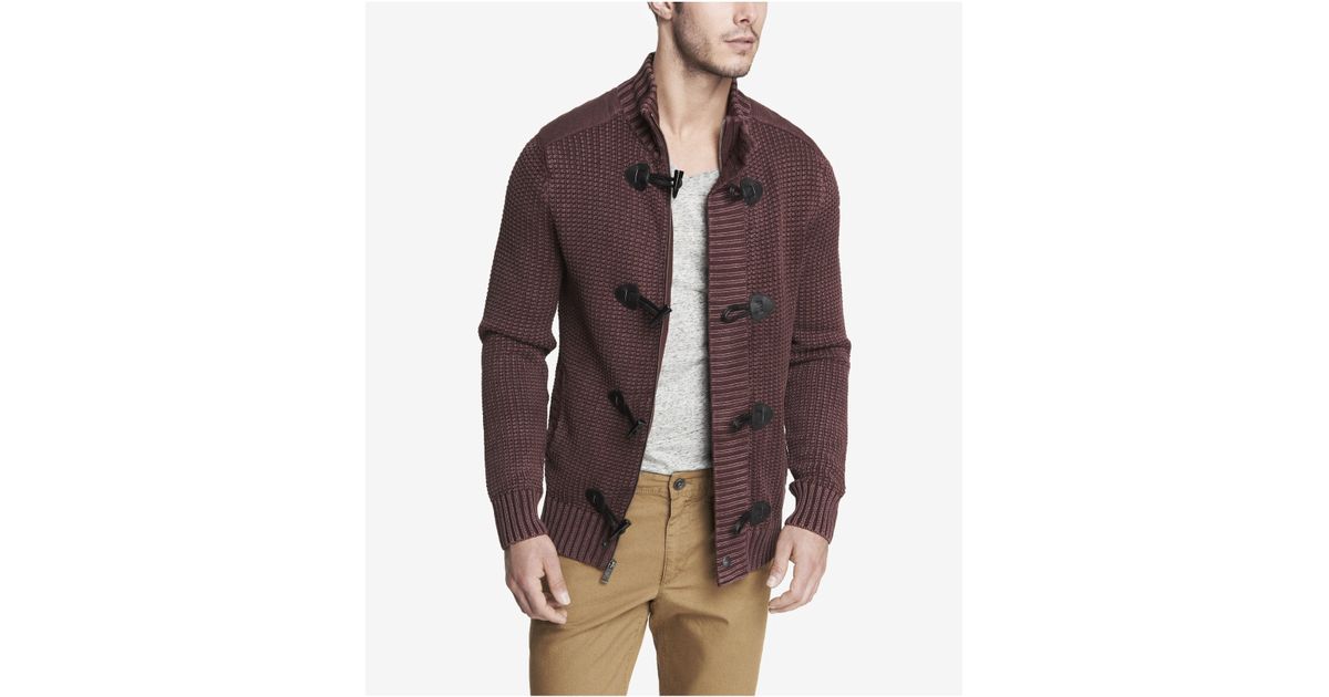 Download Express Acid Wash Mock Neck Toggle Front Cardigan in Brown ...