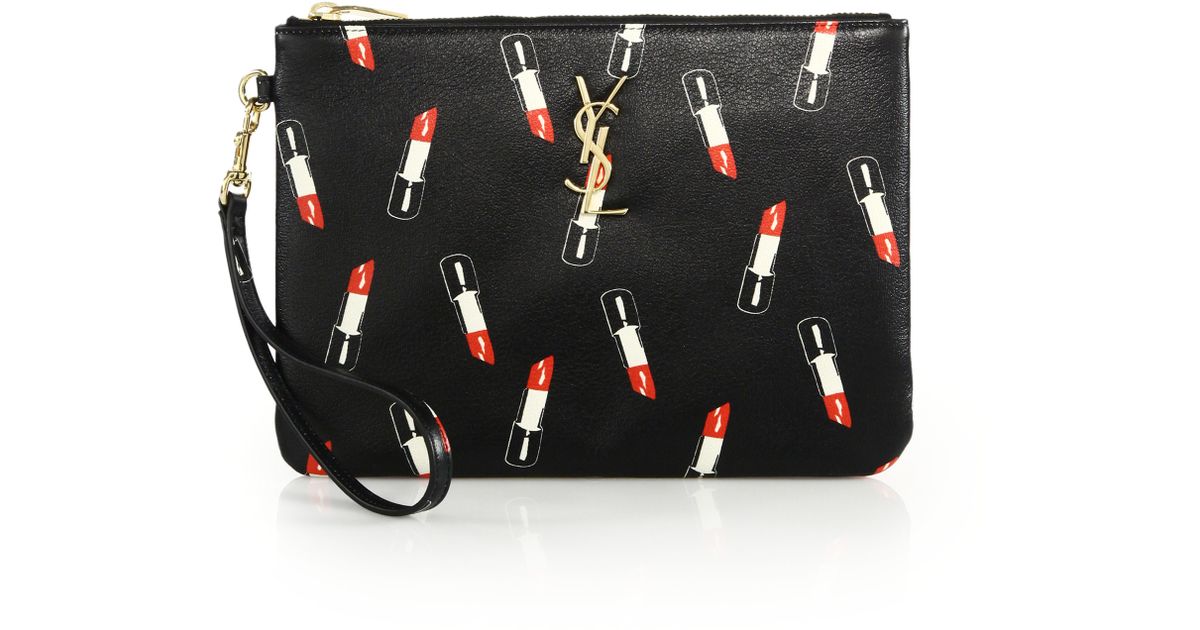 Saint laurent Lipstick-print Leather Zip Pouch in Black (black ...