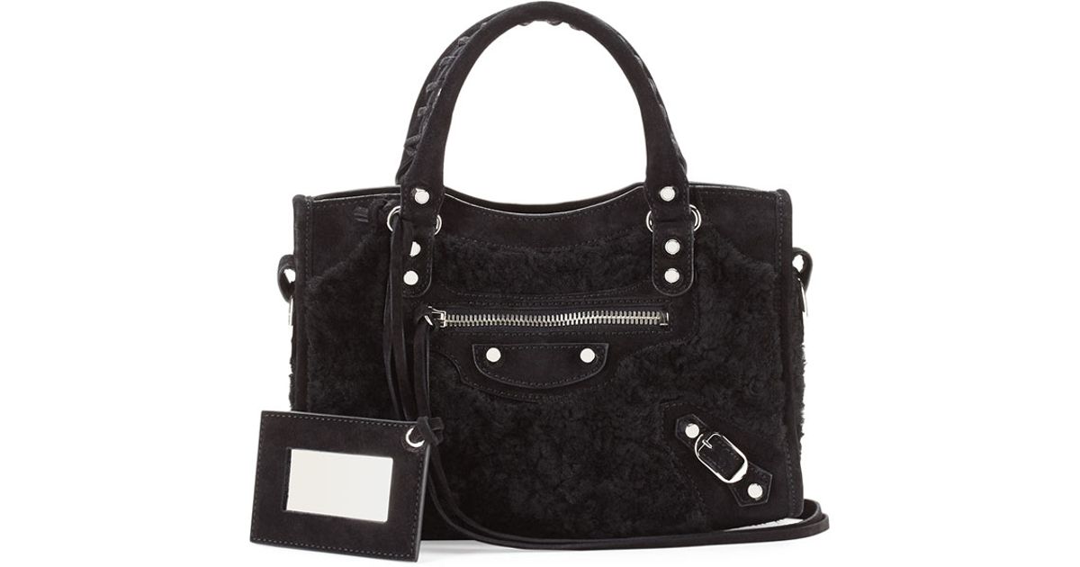 Lyst Balenciaga Mini City Shearling Fur Bag In Black