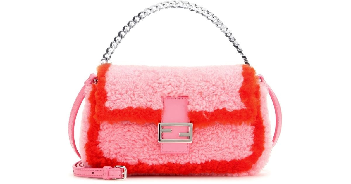 Fendi Micro Baguette Shearling Shoulder Bag in Pink