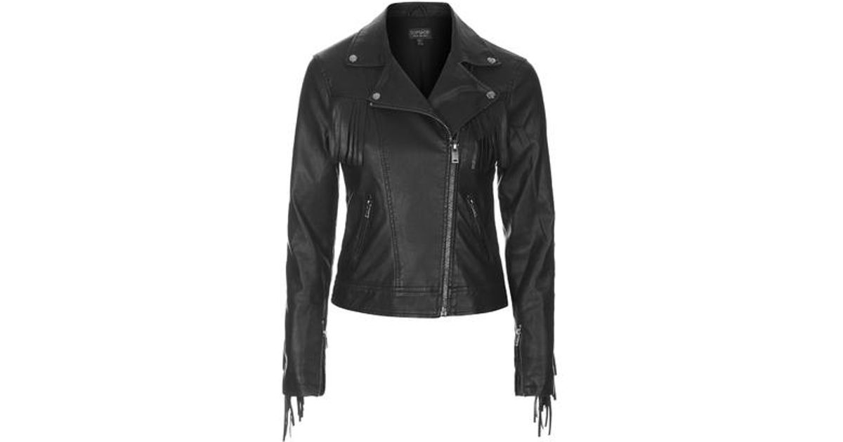 Top Black Fringe Faux Leather Biker Jacket