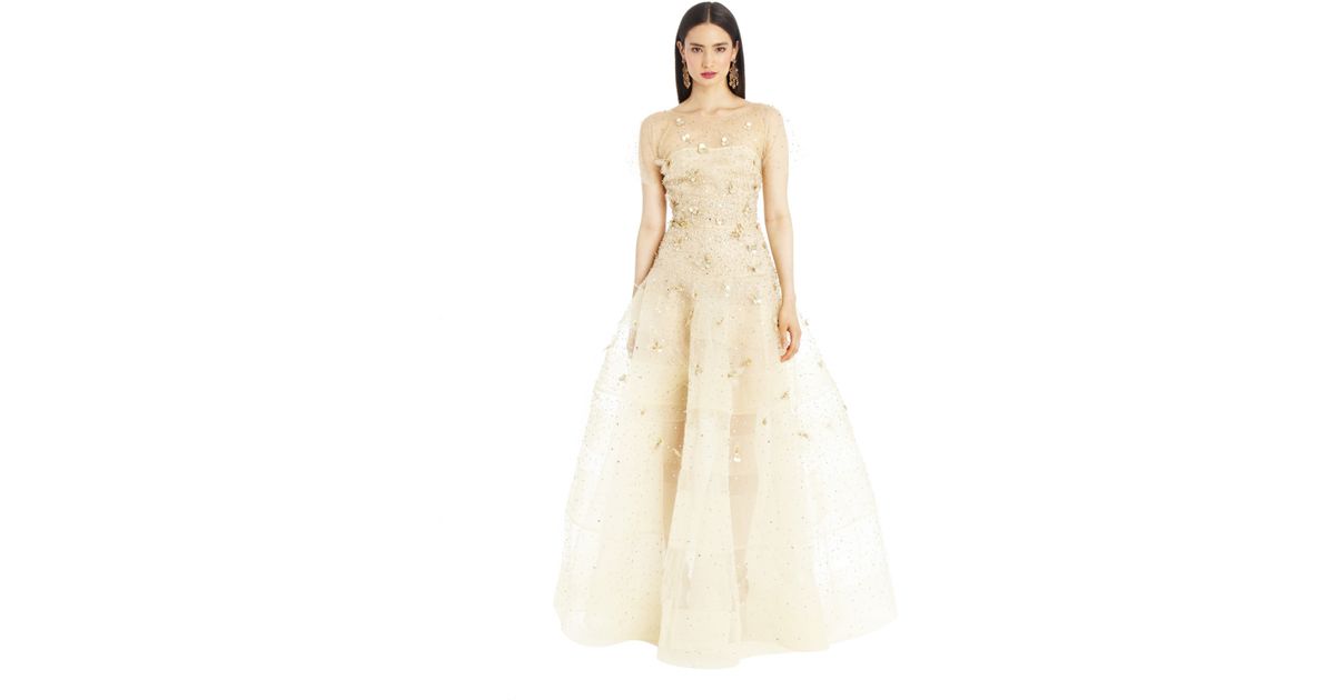 Oscar De La A Metallic Gold Illusion Tulle Embroidered Drop Waist Gown Oscar De La A Metallic Gold Illusion Tulle Embroidered Drop Waist Gown