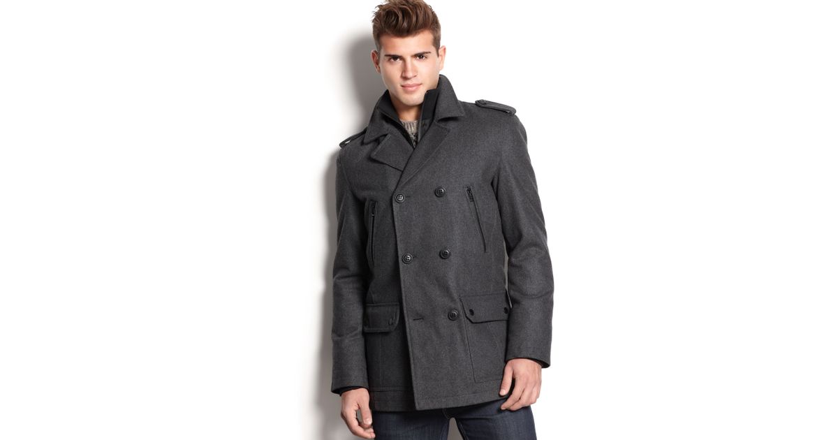 Guess Coat Double Breasted Peacoat in Gray for Men Lyst