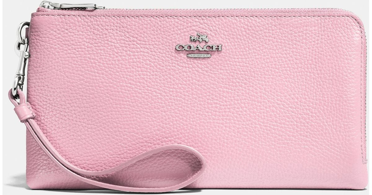 COACH Double Zip Wallet In Pebble Leather in Pink | Lyst