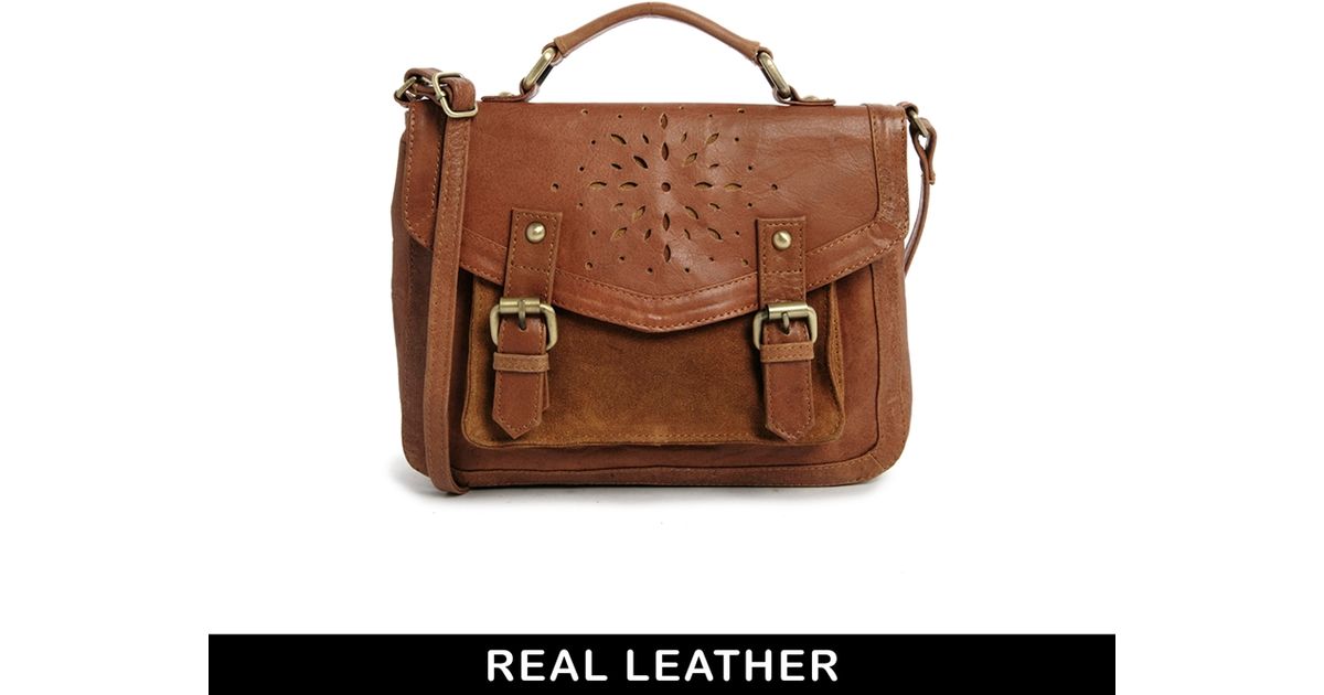 Lyst Asos Leather Satchel Bag With Fl Punch Out In Brown