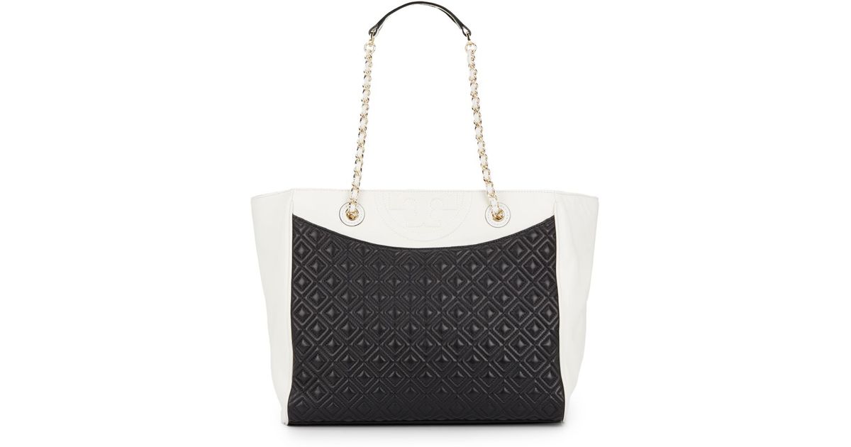 Tory Burch Fleming Quilted Colorblock Tote in Black | Lyst