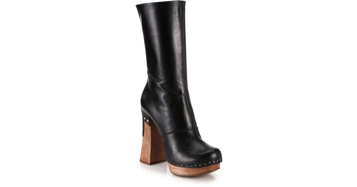 black leather booties wooden heel